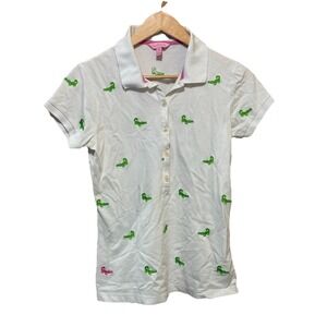 Lilly Pulitzer Alligator Print Popover White Polo Shirt Women's Medium EUC